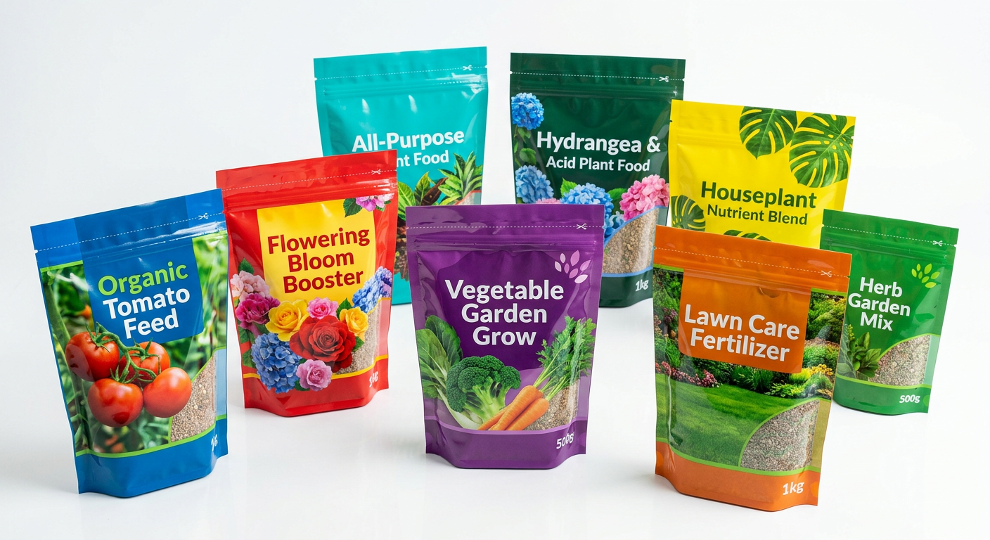 Several custom digitally-printed flexible fertilizer pouches in different SKUs showcasing photo-quality graphics and retail branding