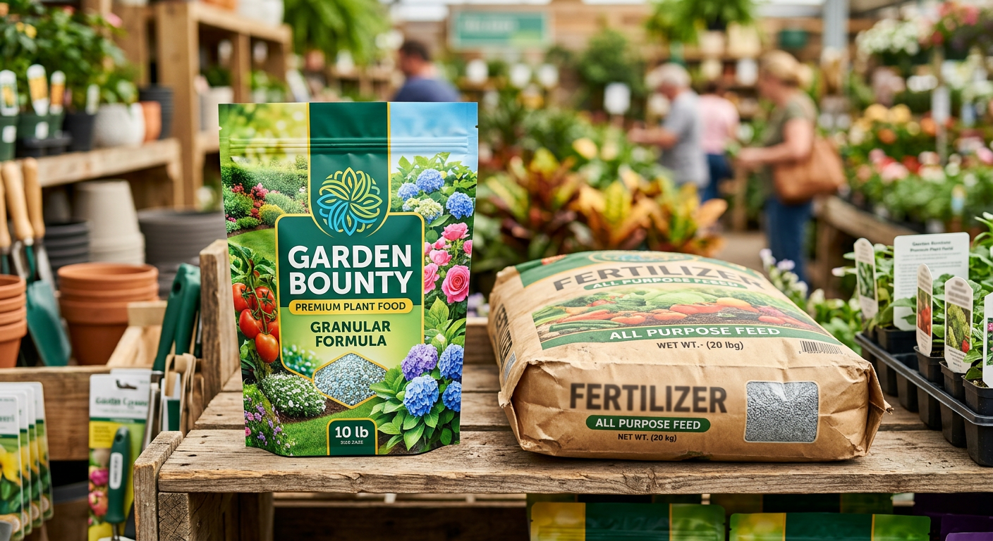 Branded digitally-printed stand-up fertilizer pouch on a garden-center retail shelf beside a granular fertilizer bag