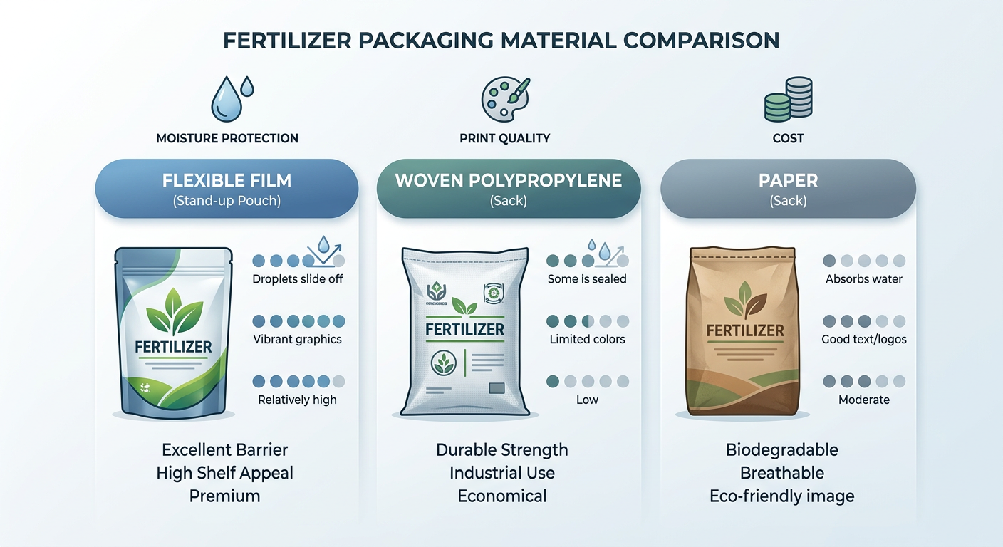 Comparison of three fertilizer packaging material families—flexible film pouch, woven polypropylene sack, and paper sack—with icons for moisture protection, print quality, and cost