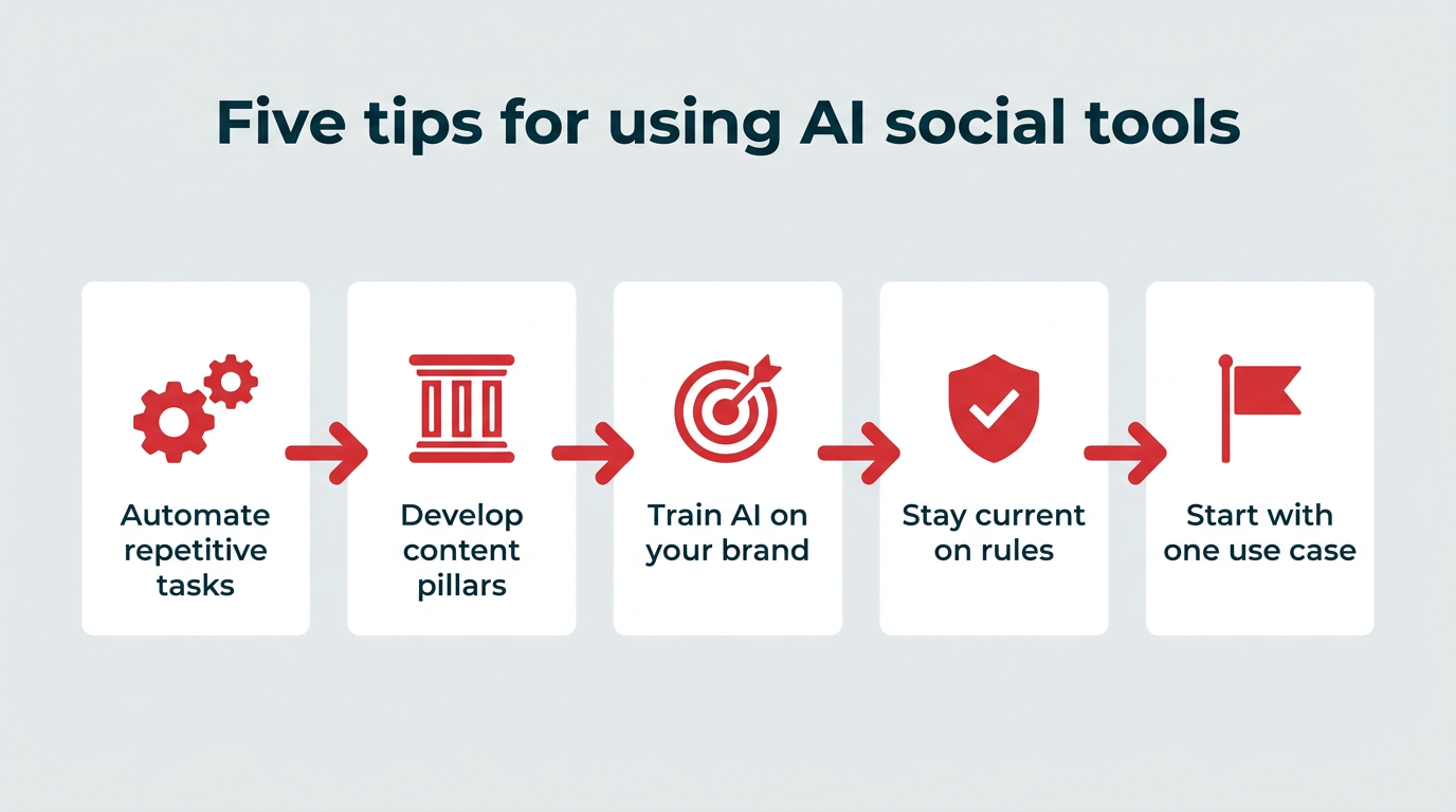 Five tips for using AI social tools shown as a left-to-right process flow: automate repetitive tasks, develop content pillars, train AI on your brand, stay current on rules, and start with one use case