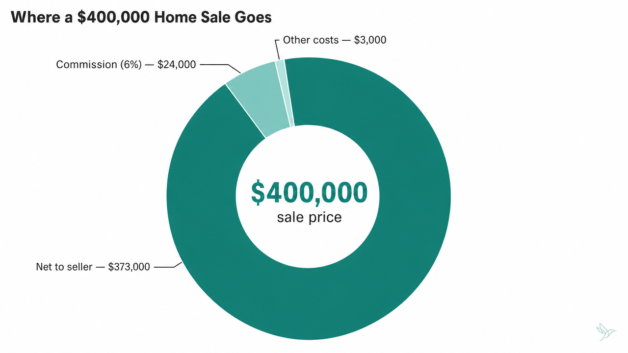 Donut chart showing where a $400,000 home sale goes: Net to seller $373,000, Commission (6%) $24,000, and Other costs $3,000, with the $400,000 sale price centered