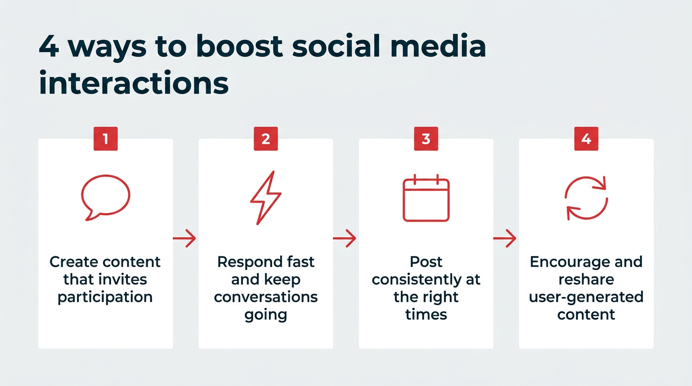 Four-step process flow showing how to boost social media interactions