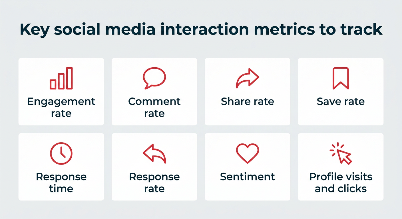 Grid of eight key social media interaction metrics to track