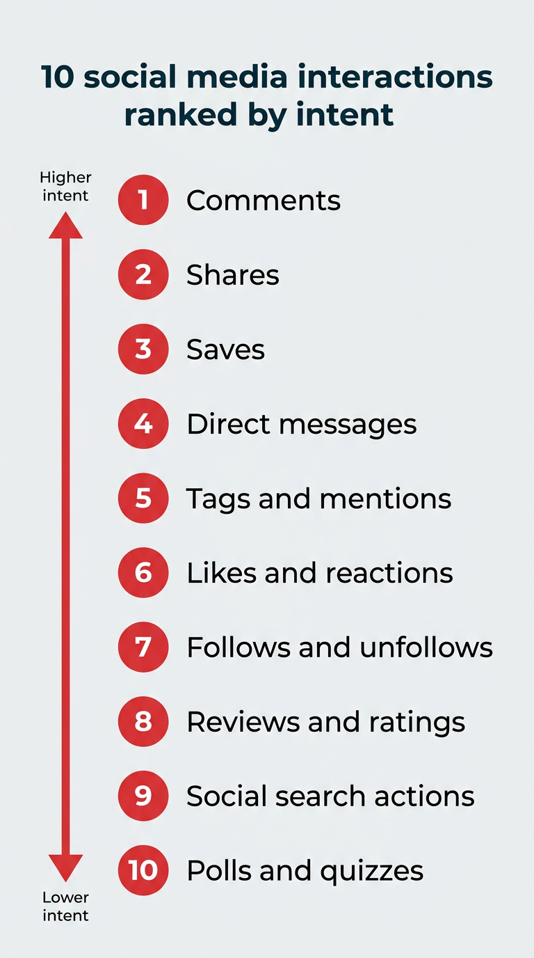 10 social media interactions ranked by intent, from comments at the top to polls and quizzes at the bottom