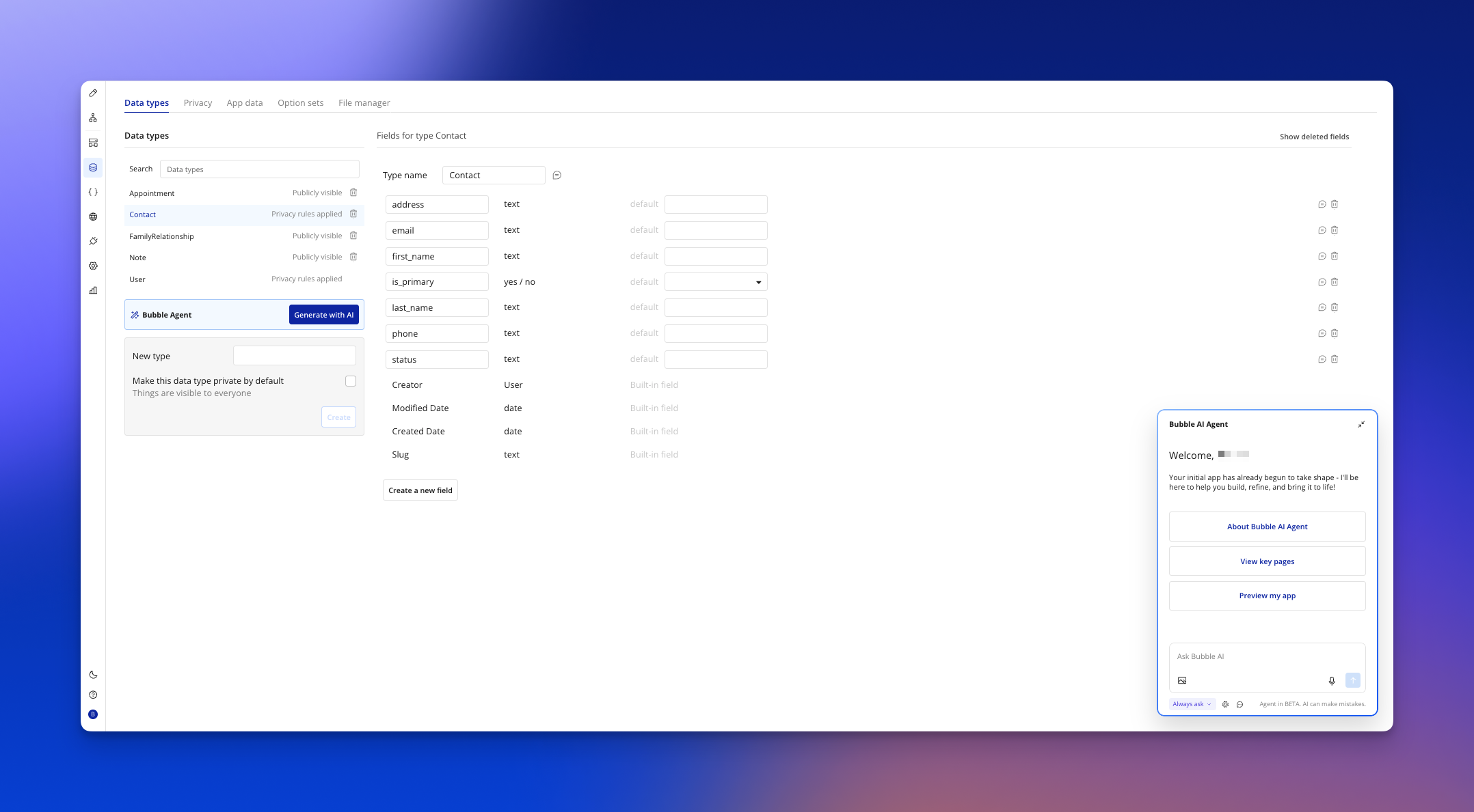 List of CRM data types generated by Bubble AI, including Contact, Family Relationship, and Notes