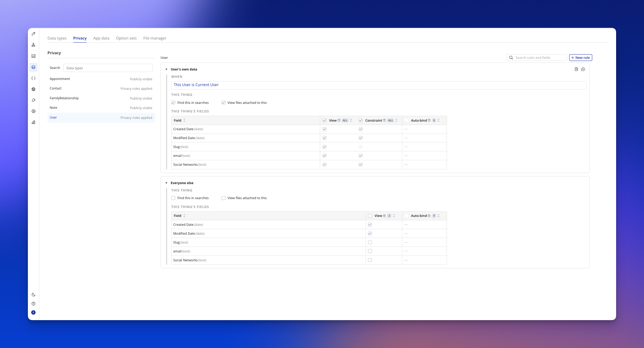 Privacy tab in the Bubble editor showing default privacy rules generated for CRM data types