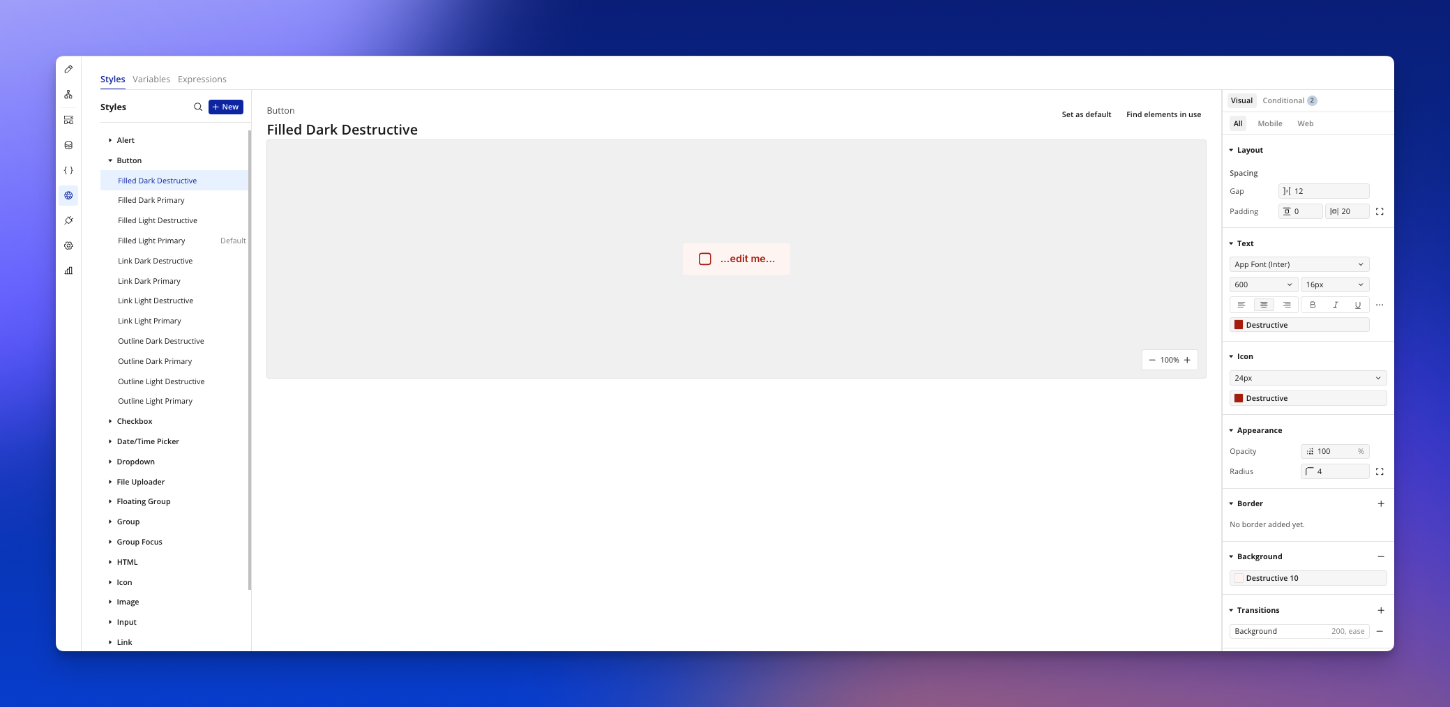 Bubble editor showing global design settings like colors and fonts for the CRM app