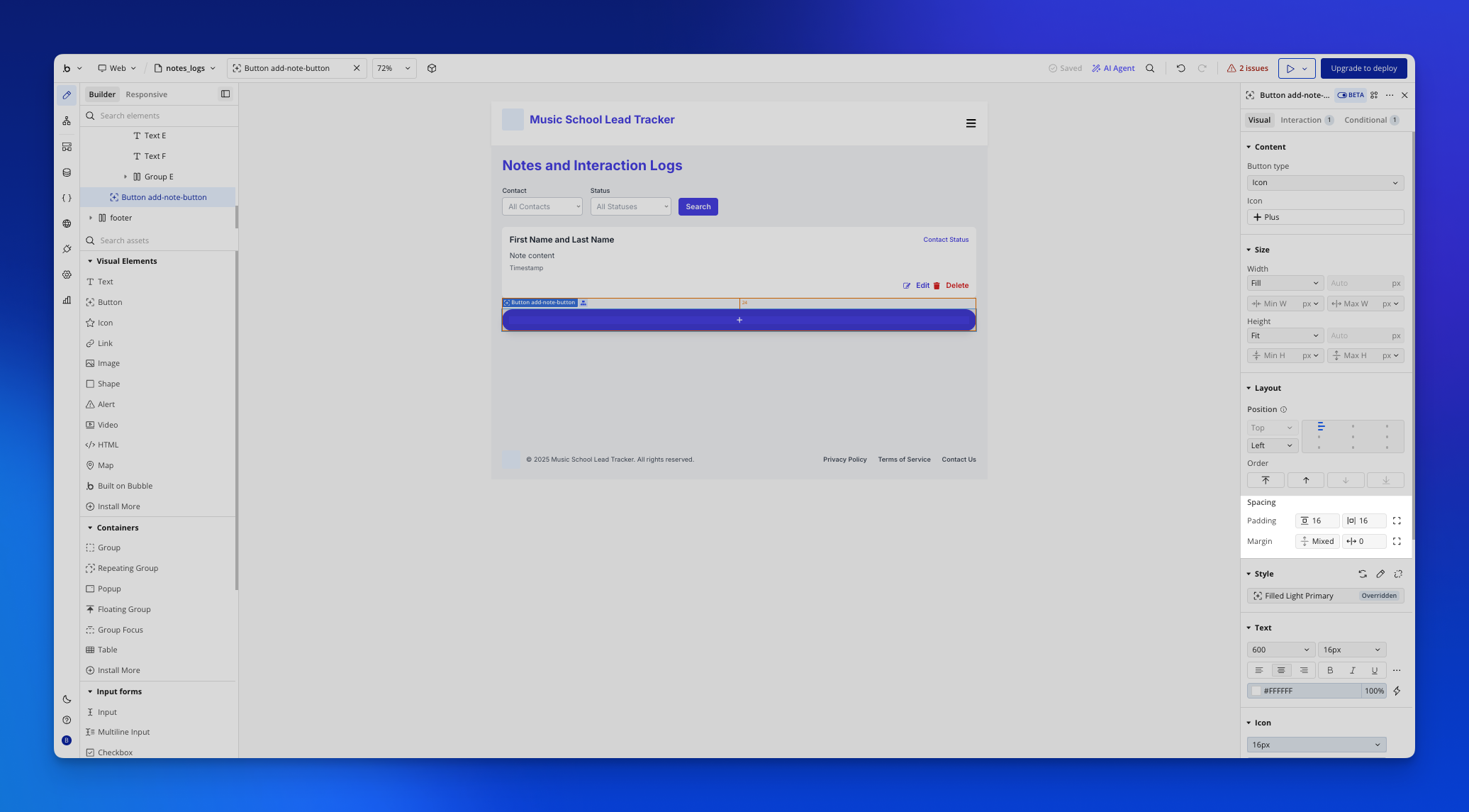 	Bubble editor property panel used to adjust button spacing on the CRM's Notes page