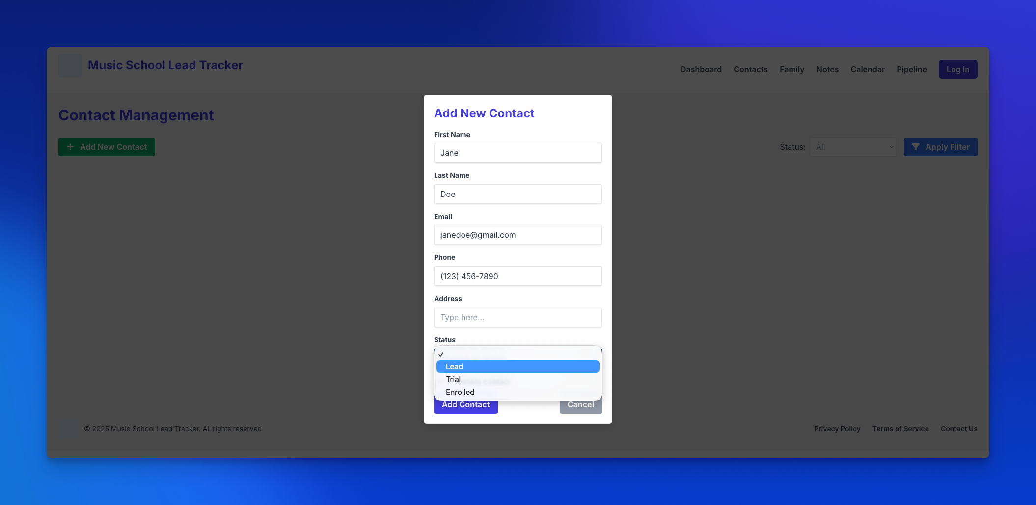 Contact Management page in a Bubble CRM app with an "Add New Contact" button and popup form