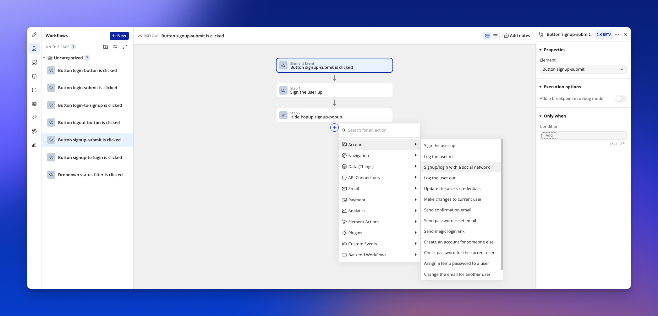 	Bubble workflow editor showing the "Add new contact" button configured to open a popup