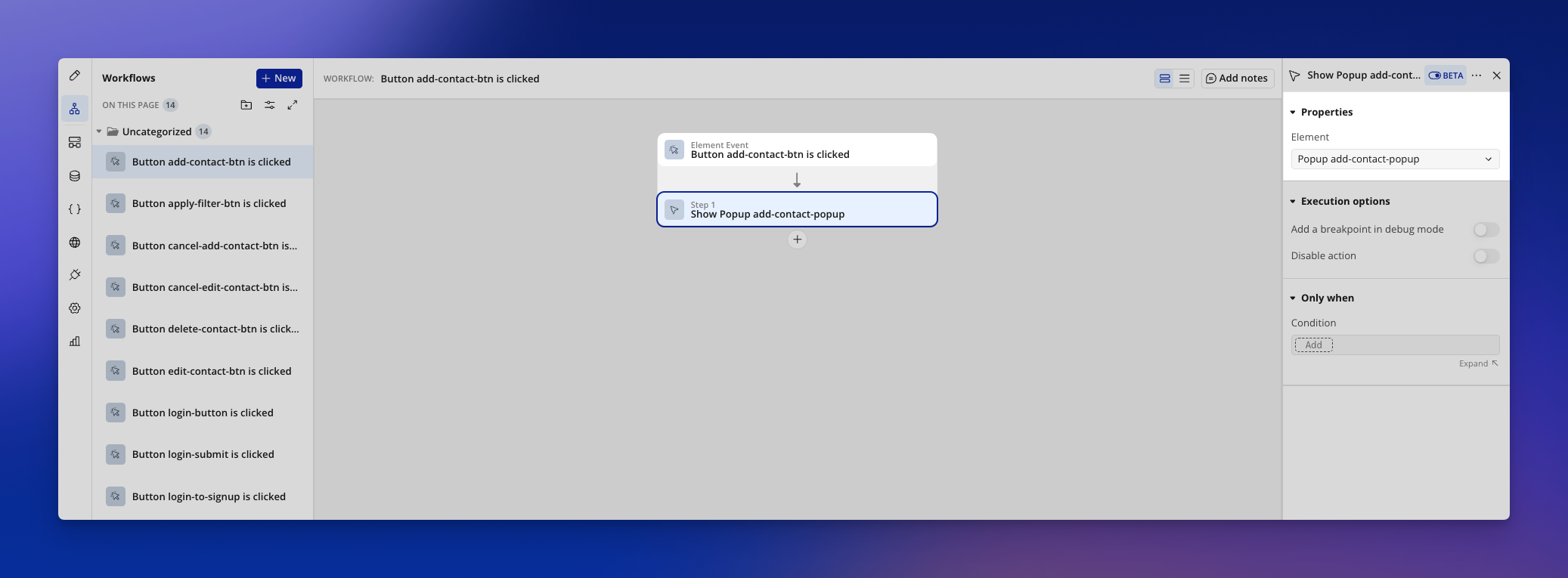 	Bubble workflow editor with the action dropdown open to add a new step
