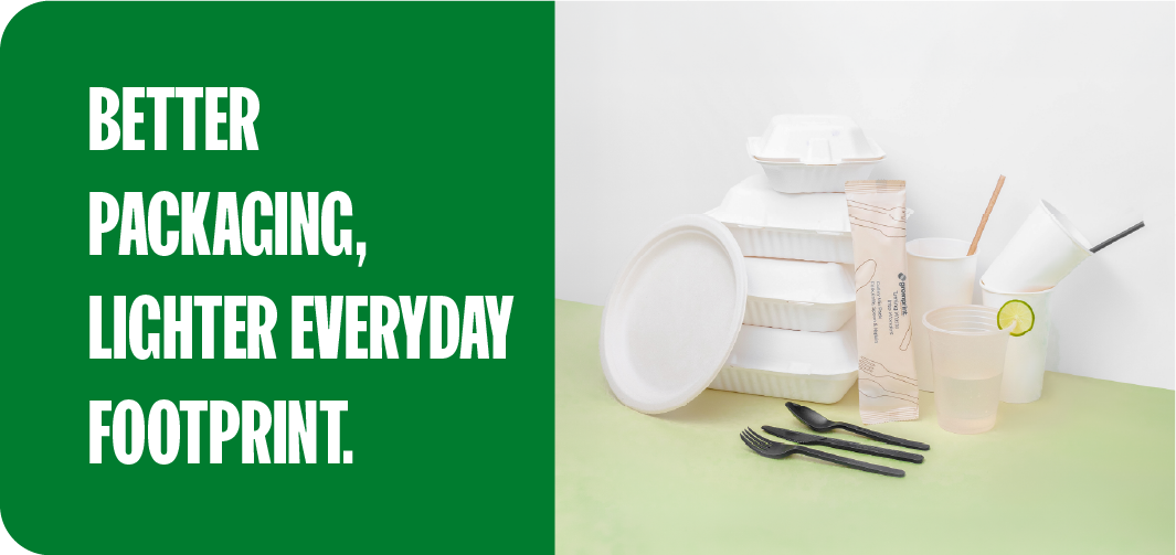 Assortment of certified compostable takeout containers, cups, and utensils replacing single-use plastic