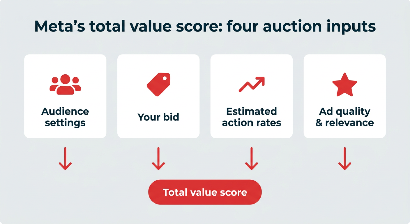 Meta's total value score: four auction inputs — audience settings, your bid, estimated action rates, and ad quality and relevance feed into a total value score