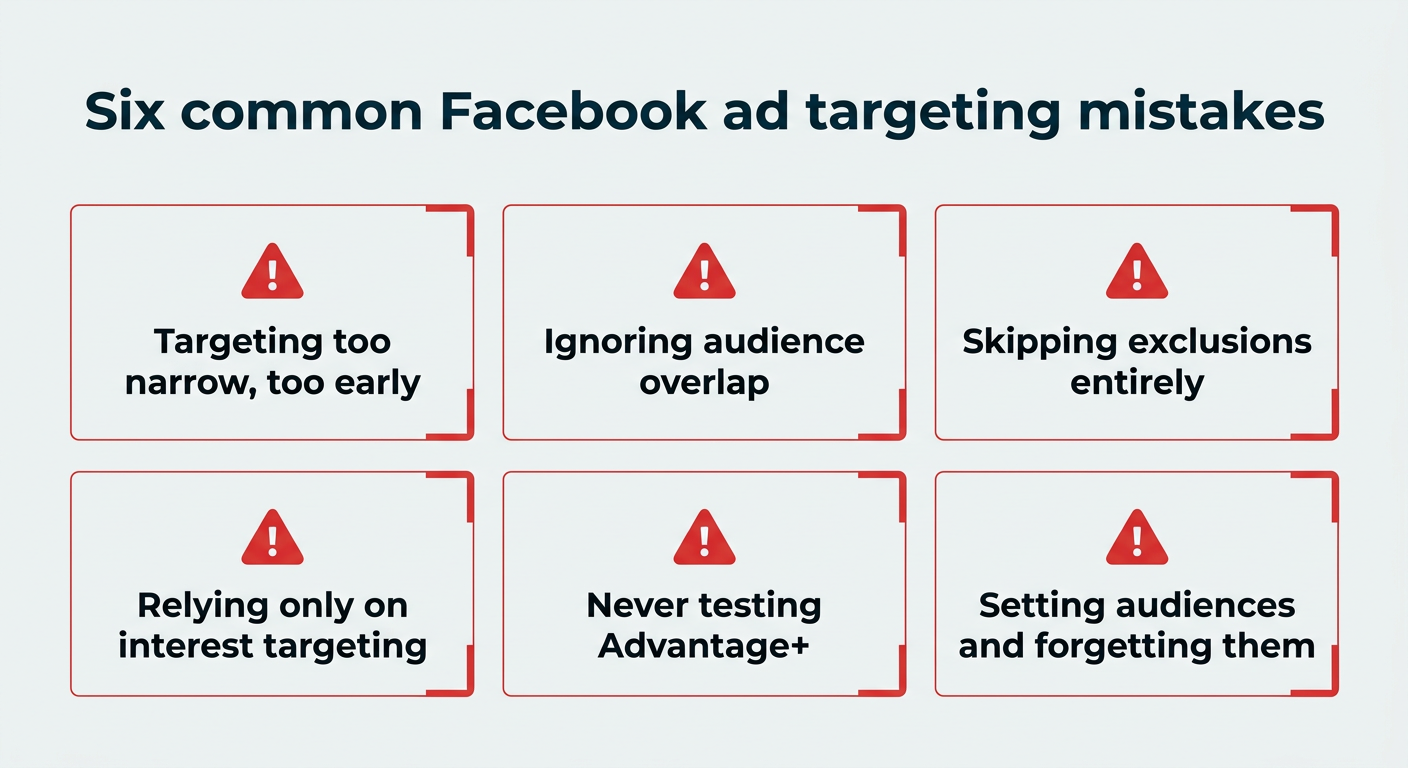Six common Facebook ad targeting mistakes — targeting too narrow too early, ignoring audience overlap, skipping exclusions, relying only on interest targeting, never testing Advantage+, and setting audiences and forgetting them