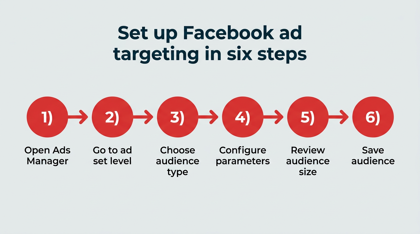 Set up Facebook ad targeting in six steps — open Ads Manager, go to ad set level, choose audience type, configure parameters, review audience size, and save audience