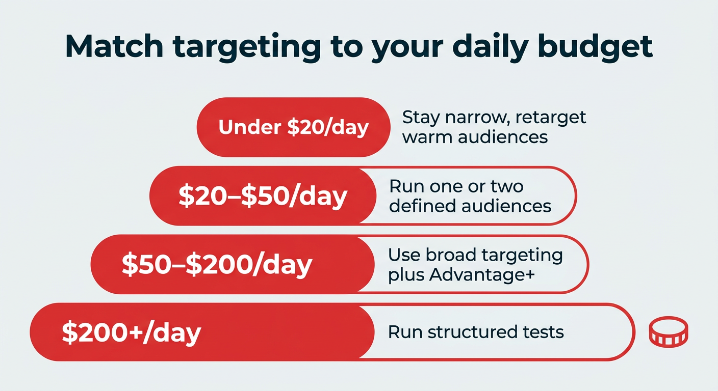 Match targeting to your daily budget — four budget tiers from under $20 a day to $200-plus a day, each with a recommended targeting approach