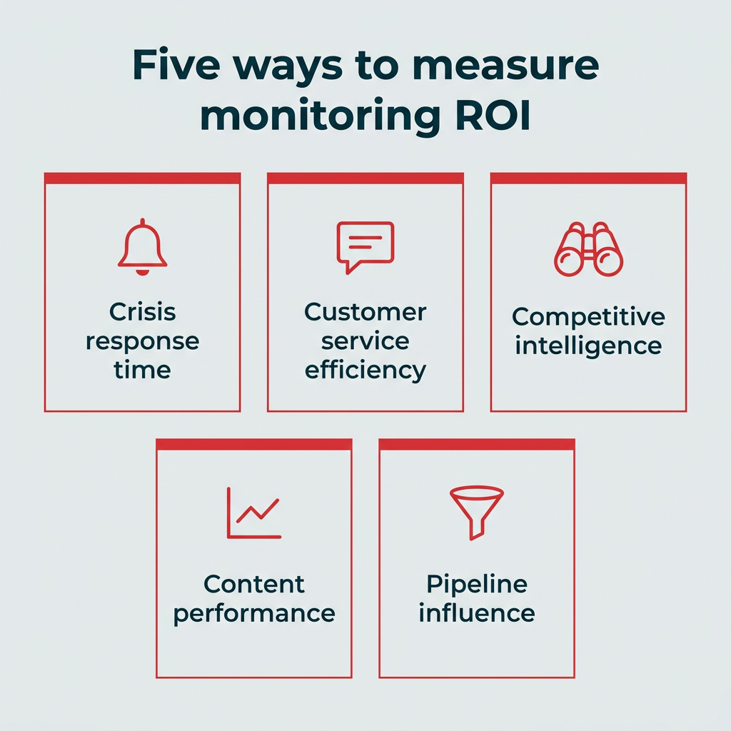 Grid of five ways to measure monitoring ROI: crisis response time, customer service efficiency, competitive intelligence, content performance, and pipeline influence.