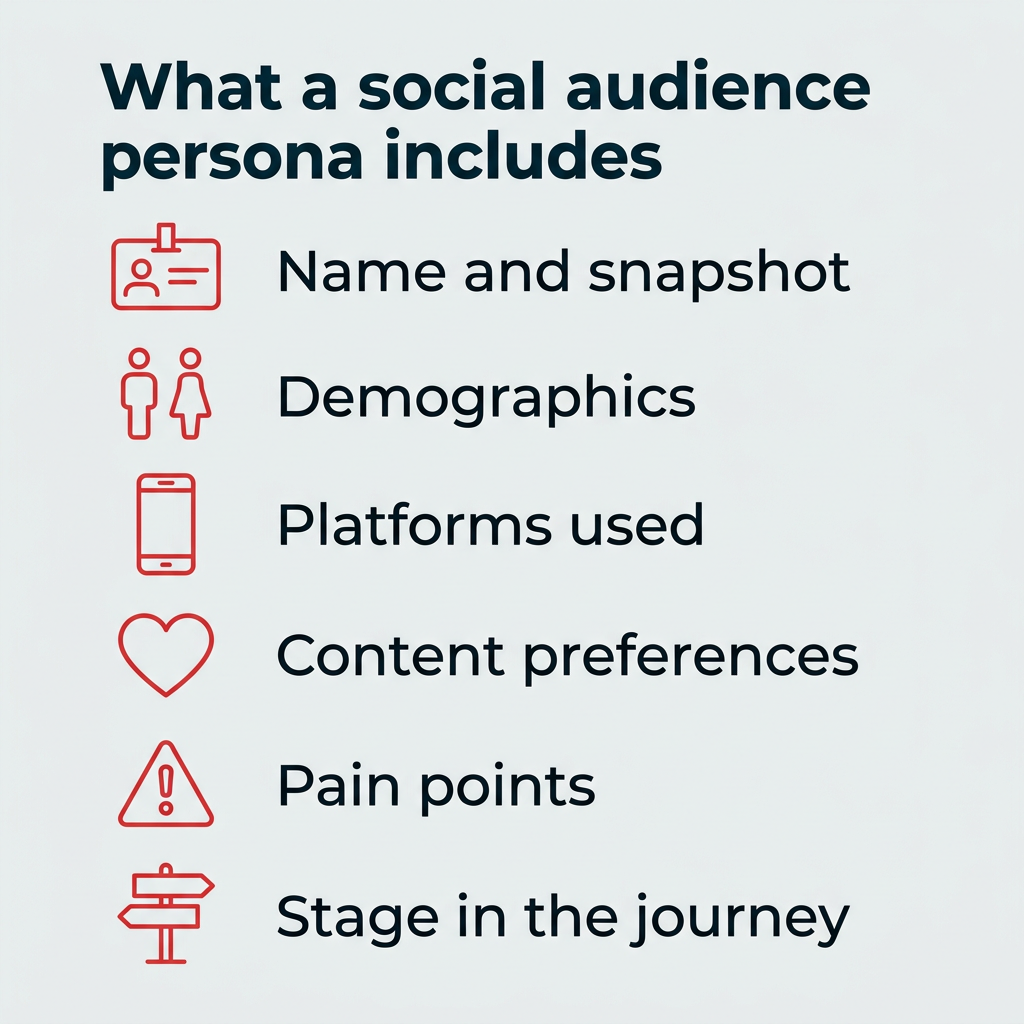 What a social audience persona includes: name and snapshot, demographics, platforms used, content preferences, pain points, and stage in the journey