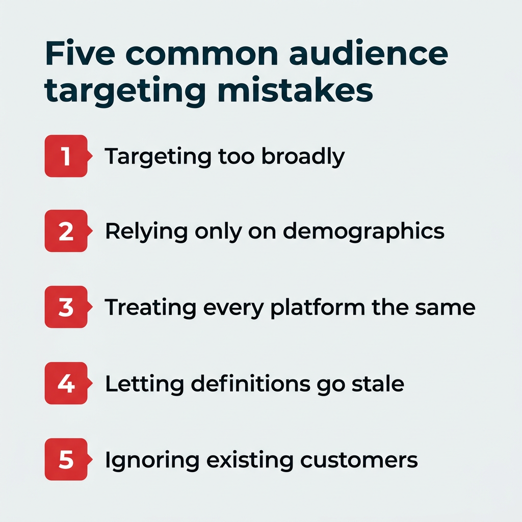 Five common audience targeting mistakes: targeting too broadly, relying only on demographics, treating every platform the same, letting definitions go stale, and ignoring existing customers