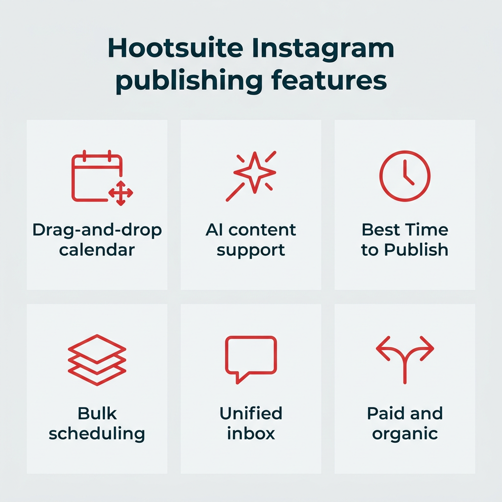 Hootsuite Instagram publishing features shown as an icon grid
