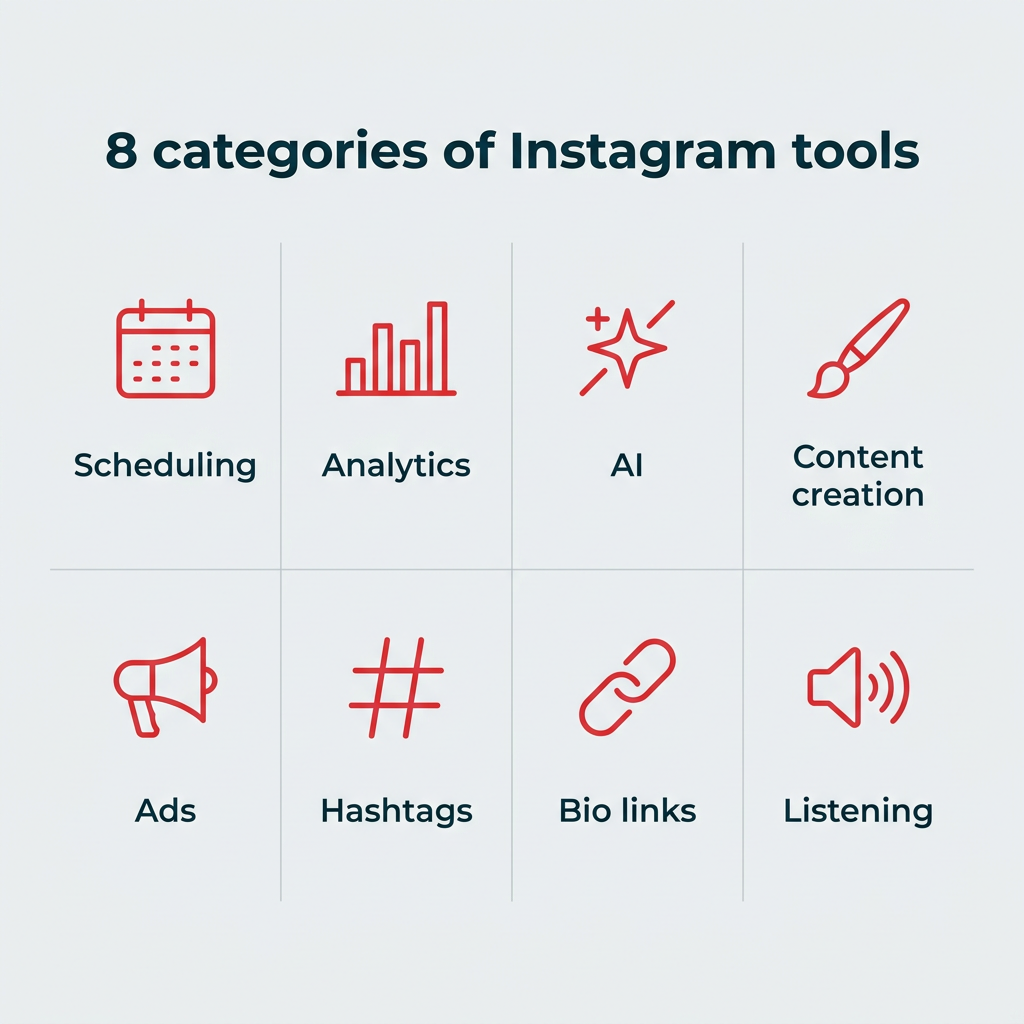 8 categories of Instagram tools shown as an icon grid