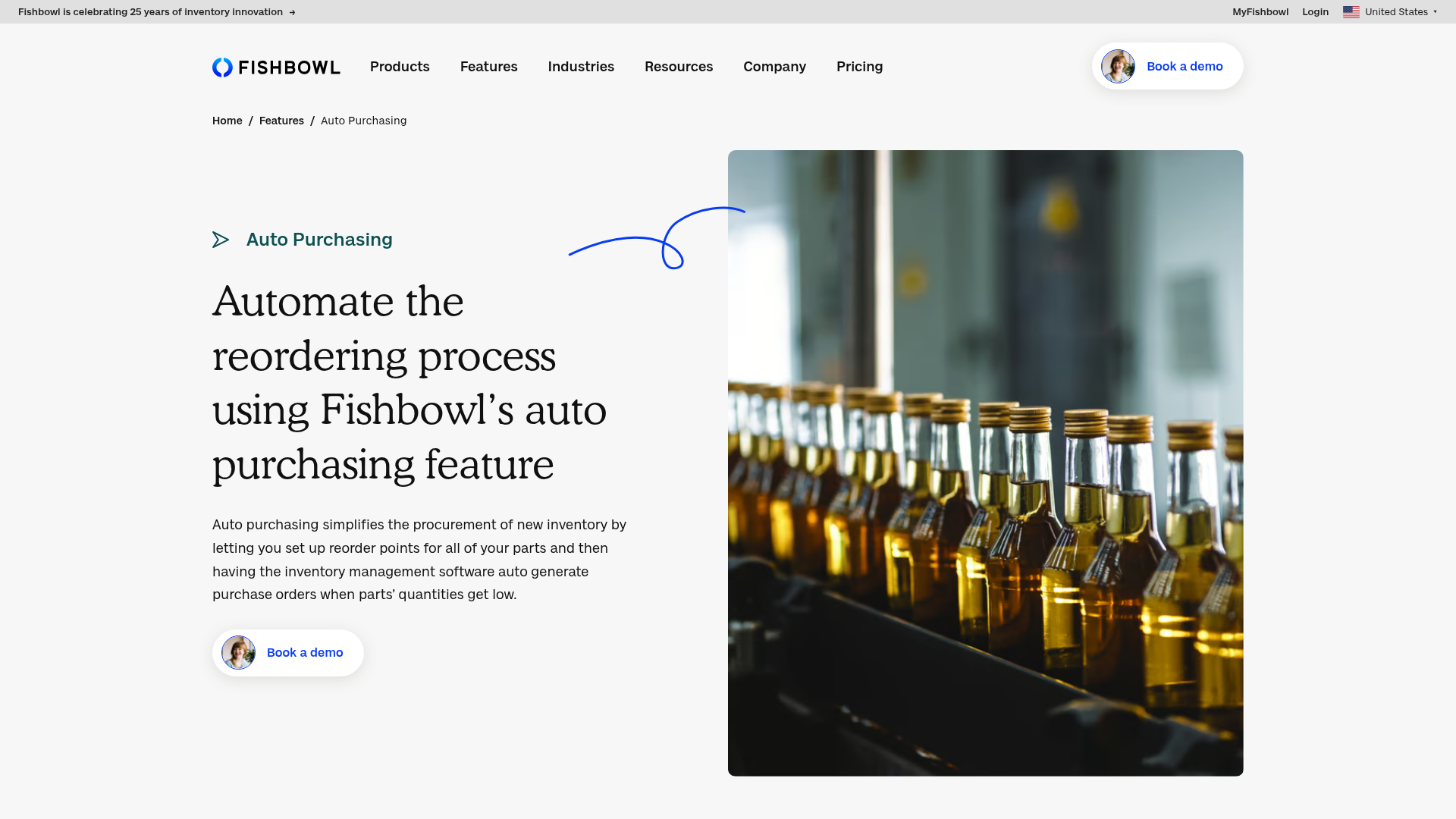 Fishbowl's Auto Purchasing feature page, showing automated reordering of low-stock parts