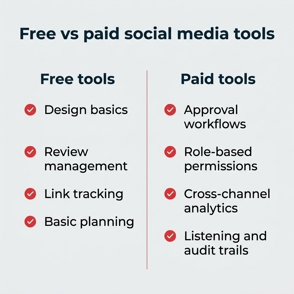 Free vs paid social media tools: free tools cover design basics, review management, link tracking, and basic planning, while paid tools add approval workflows, role-based permissions, cross-channel analytics, and listening and audit trails