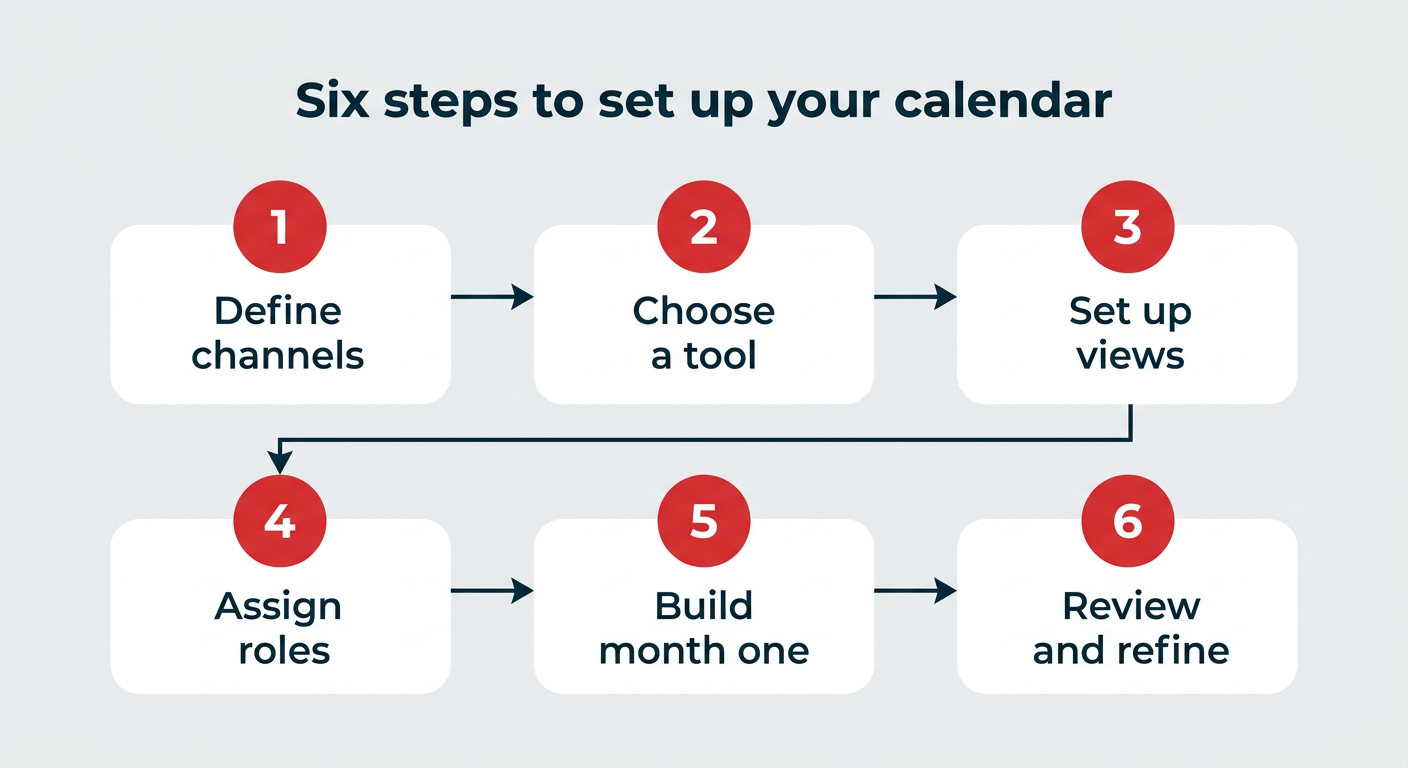 Six steps to set up your calendar: define channels, choose a tool, set up views, assign roles, build month one, review and refine