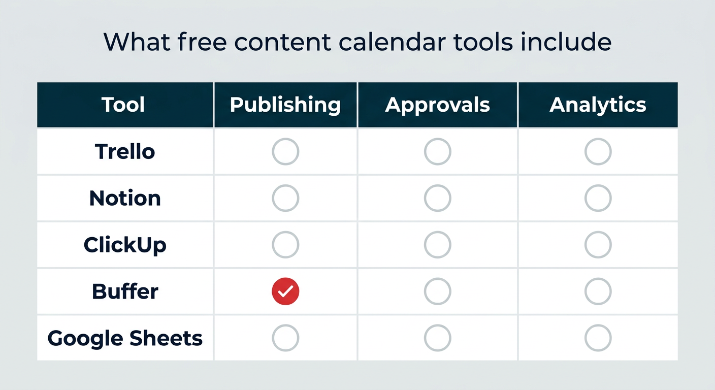 What free content calendar tools include: a table showing that only Buffer offers publishing on its free plan, and none of Trello, Notion, ClickUp, Buffer, or Google Sheets include approvals or analytics for free