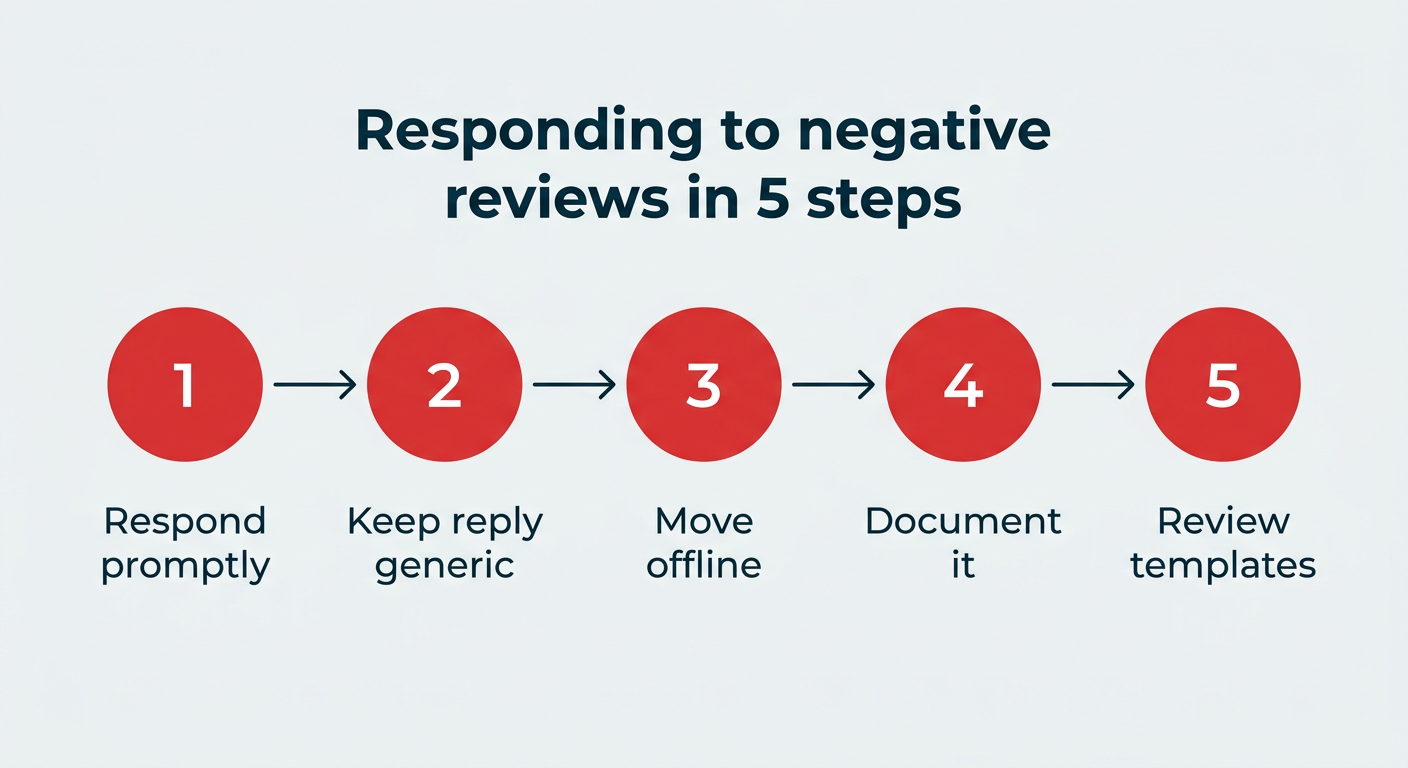 Responding to negative reviews in 5 steps: respond promptly, keep reply generic, move offline, document it, review templates