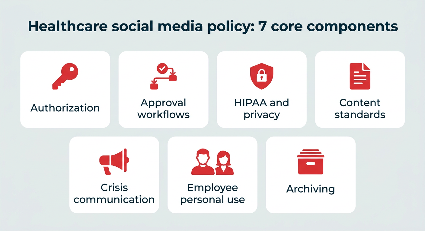 Healthcare social media policy: 7 core components including authorization, approval workflows, HIPAA and privacy, content standards, crisis communication, employee personal use, and archiving