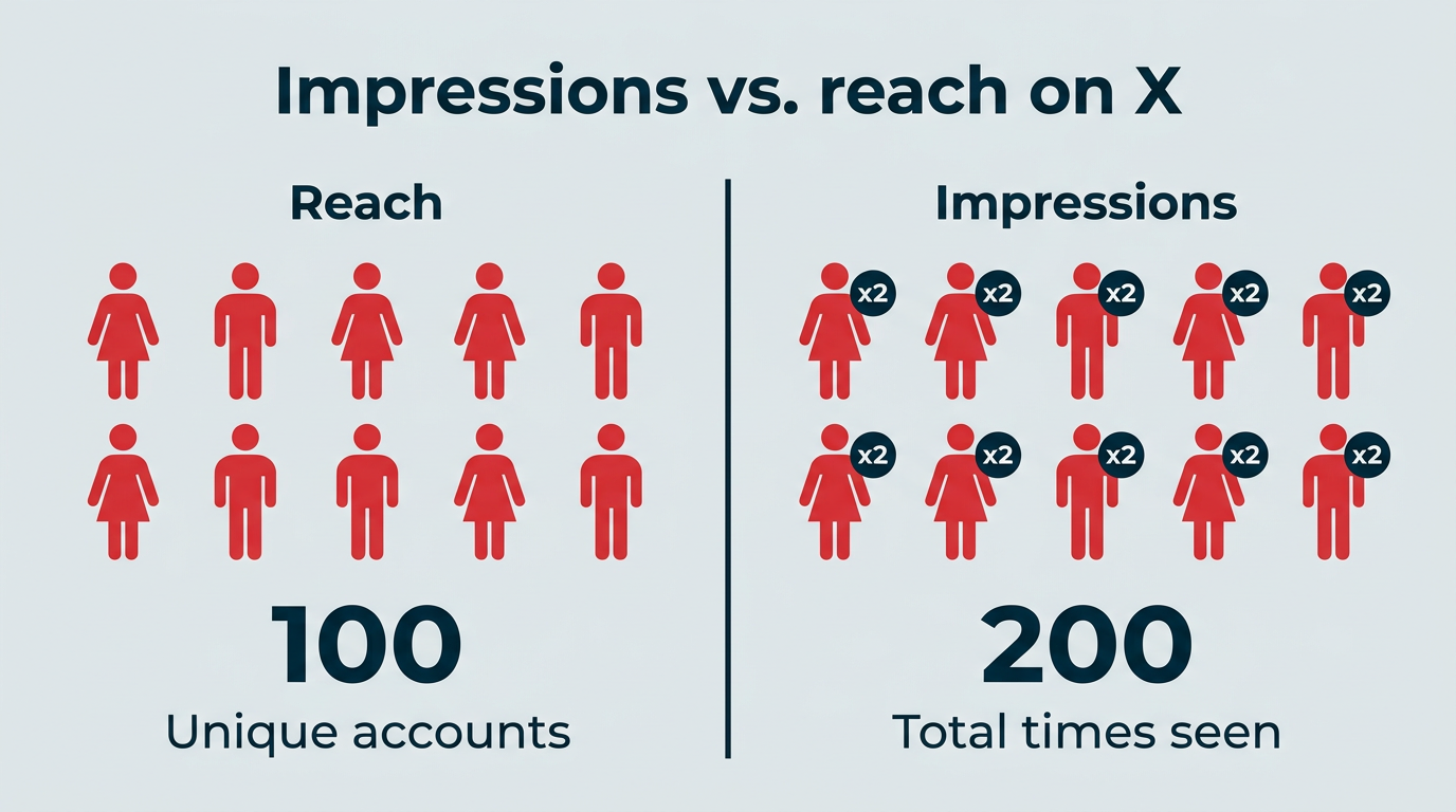 Impressions vs. reach on X: 100 unique accounts reached, 200 total impressions