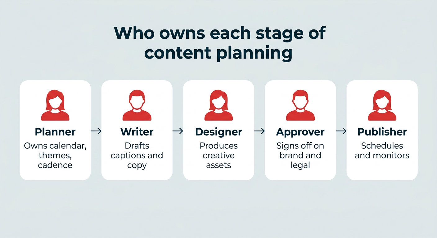 Who owns each stage of content planning: planner, writer, designer, approver, publisher
