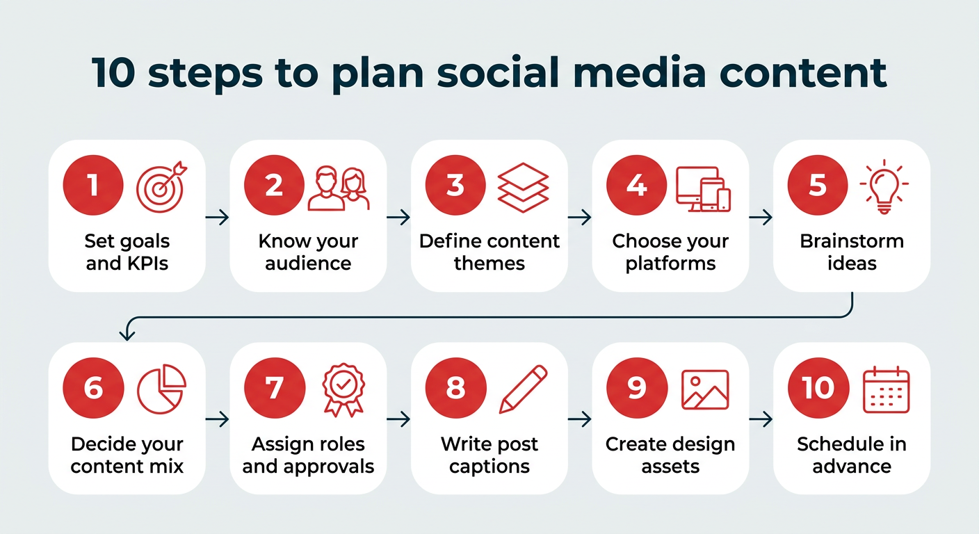 10 steps to plan social media content: set goals and KPIs, know your audience, define content themes, choose your platforms, brainstorm ideas, decide your content mix, assign roles and approvals, write post captions, create design assets, schedule in advance