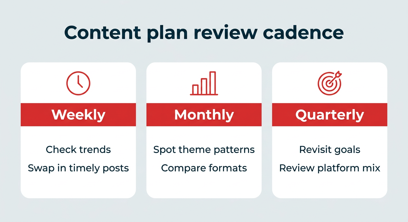 Content plan review cadence: weekly, monthly, and quarterly review tasks