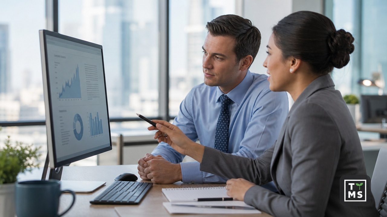 Two office workers review charts on a desktop monitor, with the woman pointing at the screen while the man watches. A small TMS mark appears in the bottom right.