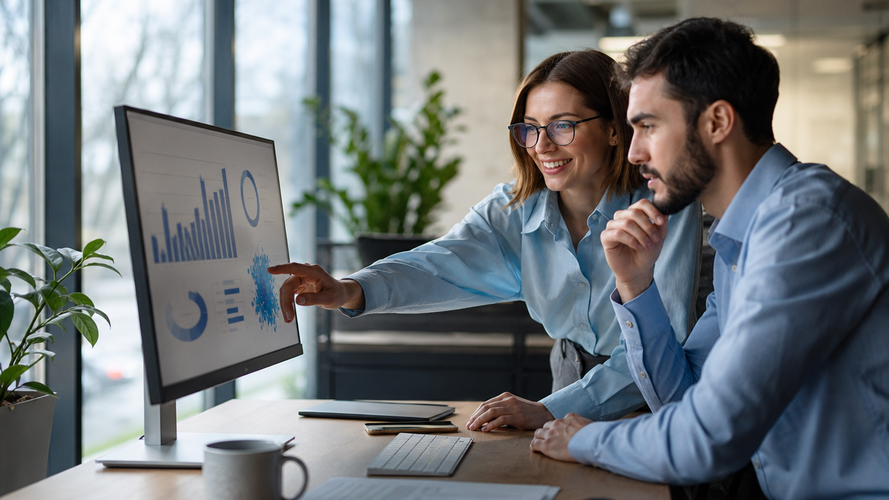 Two coworkers at a desk examine a large monitor with charts and graphs, as the woman points at the screen and the man looks on.