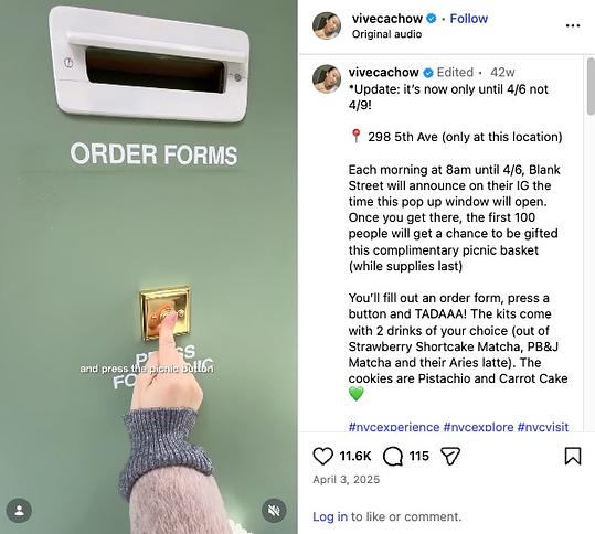 Blank Street Coffee Instagram campaign activation encouraged users to attend their picnic popup shop to try their new spring flavors.