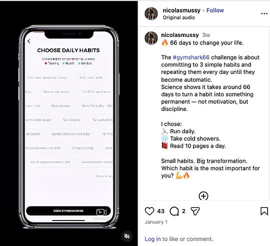 A smartphone displays the Gymshark66 app interface, prompting users to "Choose Daily Habits" from categories like Training, Health, and Mindset to build discipline.