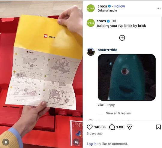 An Instagram post showing hands holding a playful LEGO x Crocs instruction manual, contrasting the pain of stepping on bricks barefoot ("Don't") with the comfort of wearing the collaborative footwear ("Do").