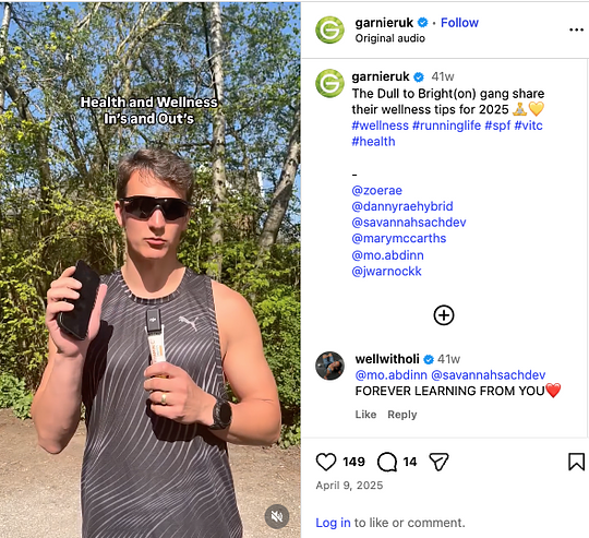 A male runner stands outdoors holding a phone and a bottle of Garnier Vitamin C serum, with text overlay reading "Health and Wellness In's and Out's" as part of a 2025 Instagram campaign.