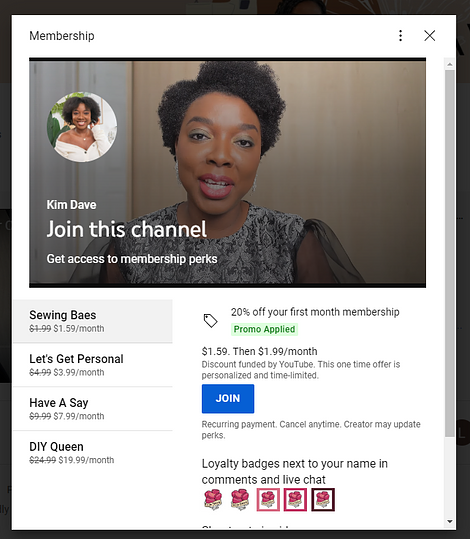 youtube channel membership example