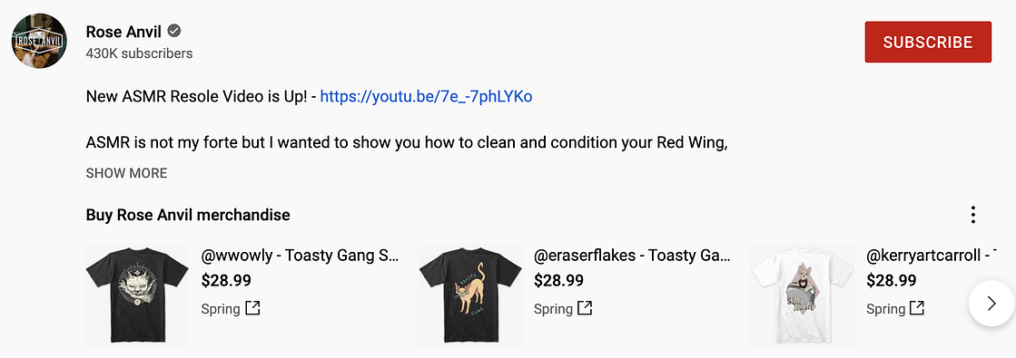 Example of a YouTube channel Rose Anvil using merchandise as a way to monetize on YouTube.