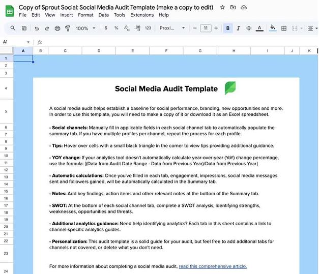 Sprout Social's social media audit template in Google Sheets. 