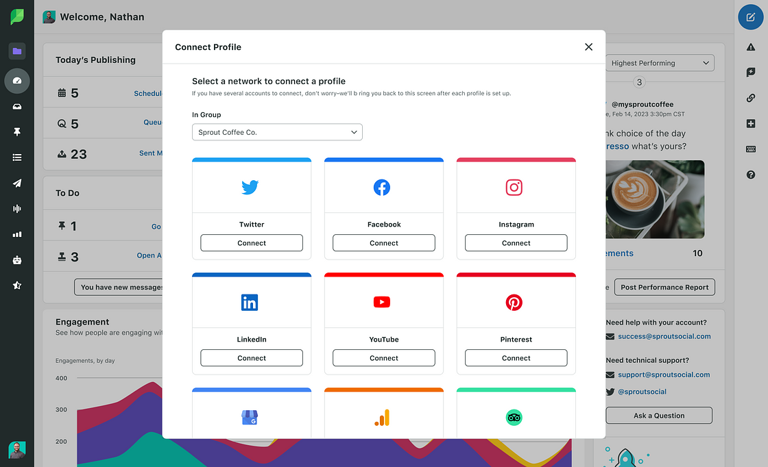 Sprout Social dashboard showing a 'Connect Profile' pop-up with options to link social media accounts like Twitter, Facebook, Instagram, LinkedIn, YouTube, and Pinterest.