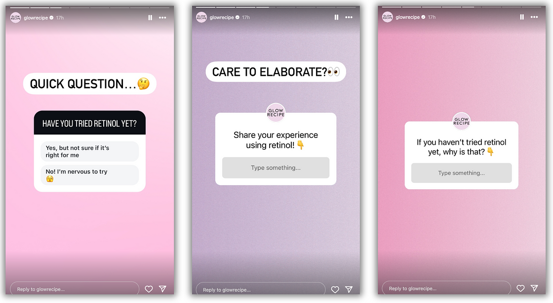 A series of Instagram Stories from Glow Recipe asking people questions about whether they've used retinol and the option to vote their answer, and two more Stories with question cards asking them to share their experience using it or why they haven't tried it