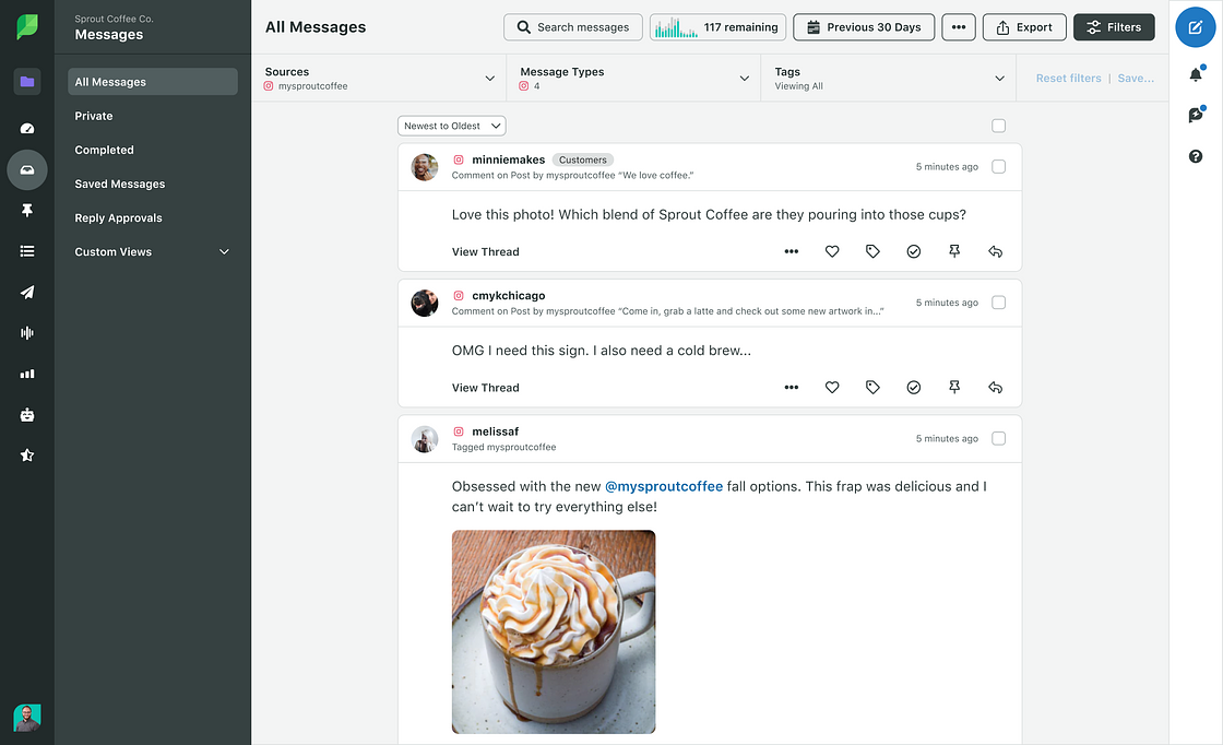 Sprout Social Smart Inbox showing a list of Instagram comments and messages with the option to check a box besides each