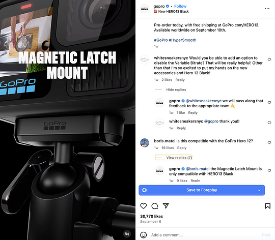 A GoPro Instagram post promoting the new HERO13 Black with comments asking questions about compatibility and GoPro answering those questions
