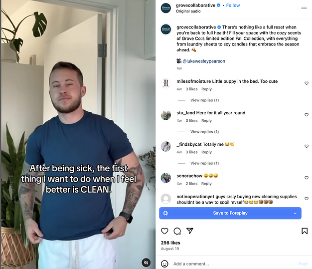 Still from an Instagram Reel featuring a man wearing a navy blue t-shirt looking into the camera with text overlay that reads "After being sick, the first thing I want to do when I feel better is CLEAN."