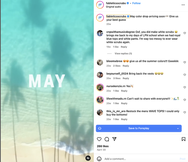 Fabletics Scrubs Instagram post featuring the shadow of palm trees on turquoise waters next to the beach and text overlay that reads "May" and caption that reads "May color drop arriving soon (eyes emoji) Give us your best guess.